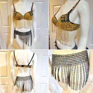 2 Pc Belly Dancing Costume-Gold & Hematite Beading-Bra Sz 36-Stretch Bottom-NEW